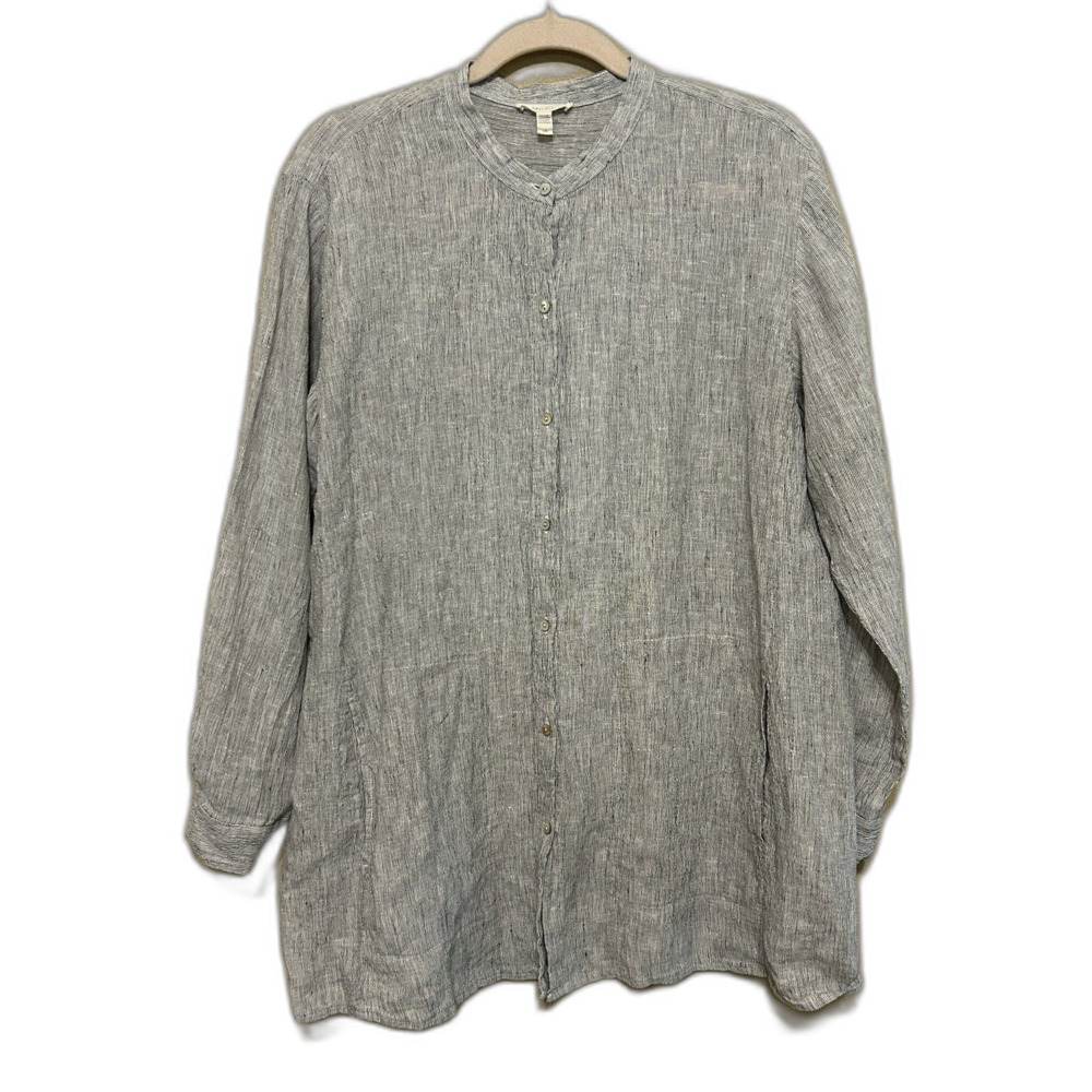 Eileen Fisher 100% Linen Button Up Tunic Top Womens Large Crinkle Textured